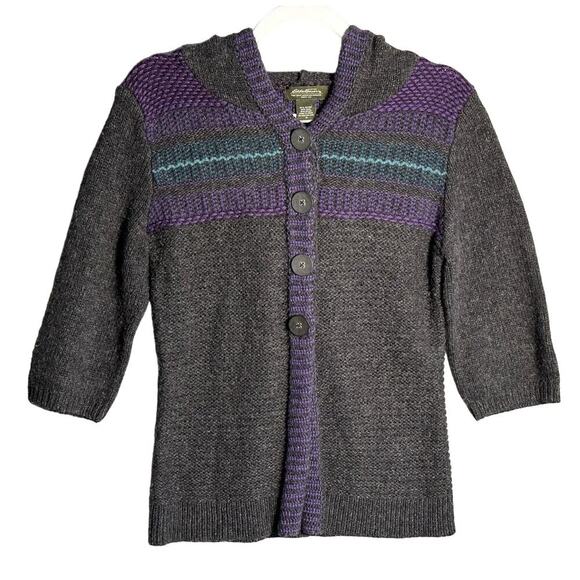 Eddie Bauer Medium Wool Blend Hooded Button Front Sweater Cardigan‎ crop sleeve - Picture 1 of 7